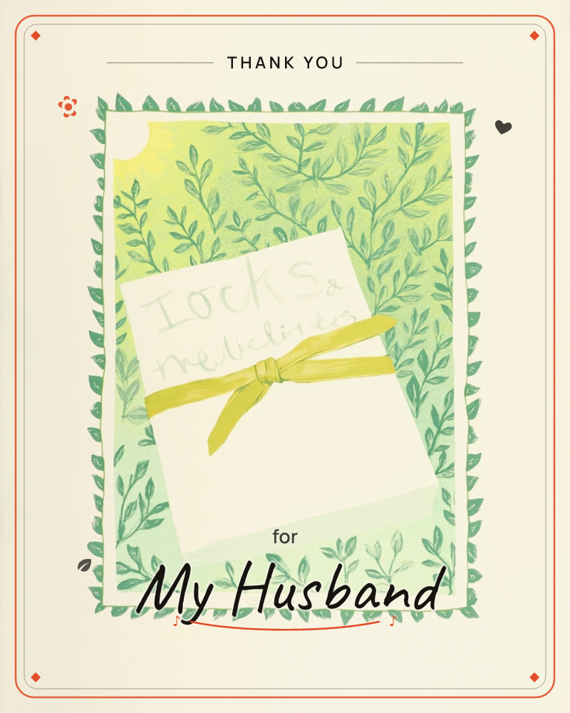 A cream envelope tied with a mustard-yellow ribbon bow sits against a backdrop of trailing green leaves and vines, with a soft yellow sun glowing in…, a thankyou e-card design
