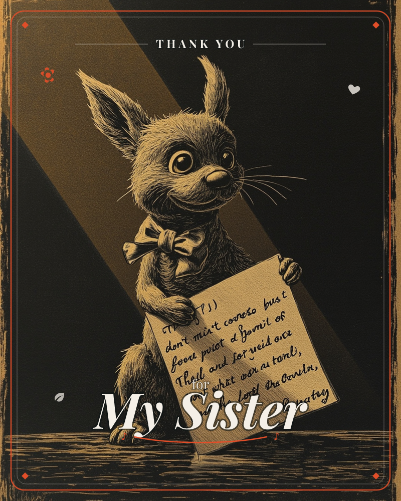 A wide-eyed rabbit in a neat bow tie stands upright in a dramatic shaft of light against a near-black background, holding up a handwritten note card…, a thankyou e-card design