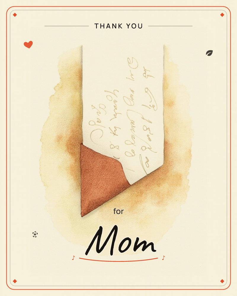 A slender letter in a rust-orange envelope emerges upward against a soft golden-yellow watercolour bloom, its cream paper covered in loose, looping…, a thankyou e-card design