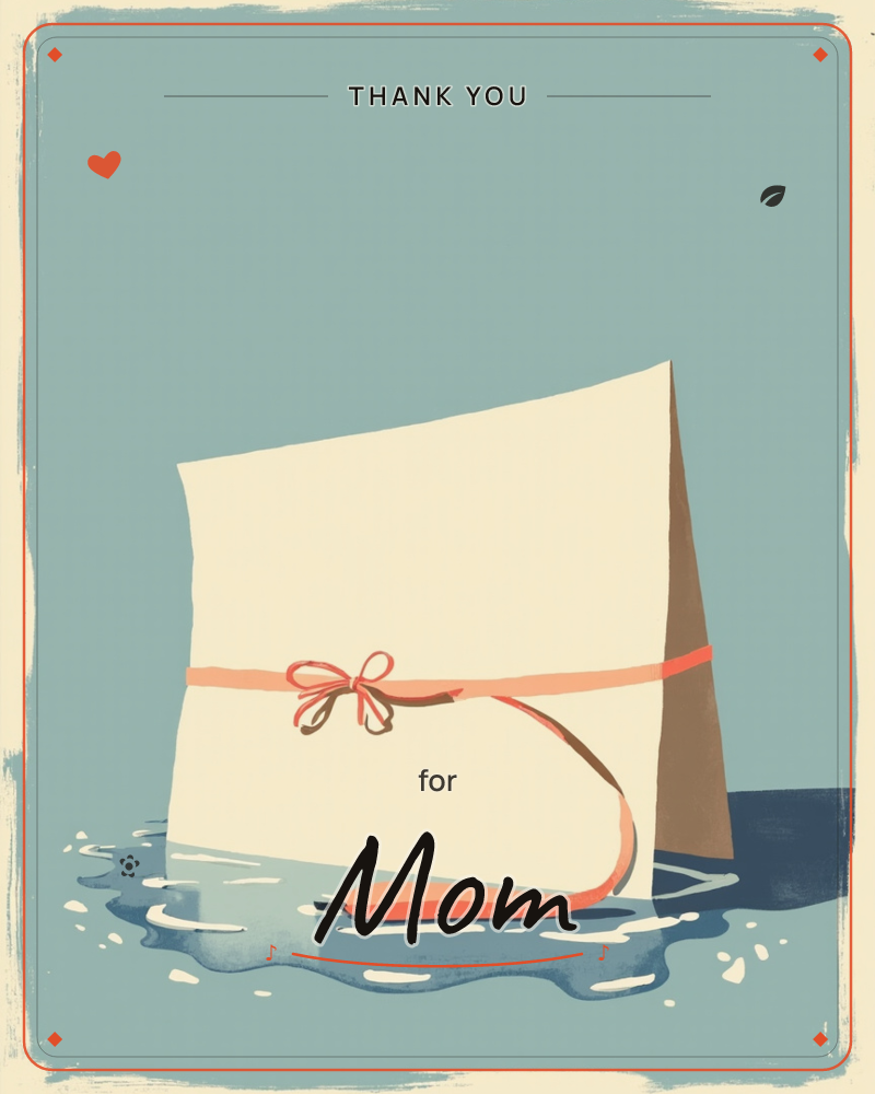 A simple paper bundle wrapped in coral ribbon and tied with a neat bow stands upright on a puddled surface, casting a long dark shadow against a flat…, a thankyou e-card design