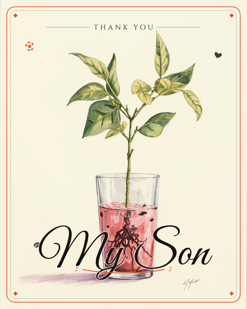 A leafy green cutting roots in a plain glass tumbler filled with pink-tinted water, its dark tangled roots visible beneath the surface, a thankyou e-card design