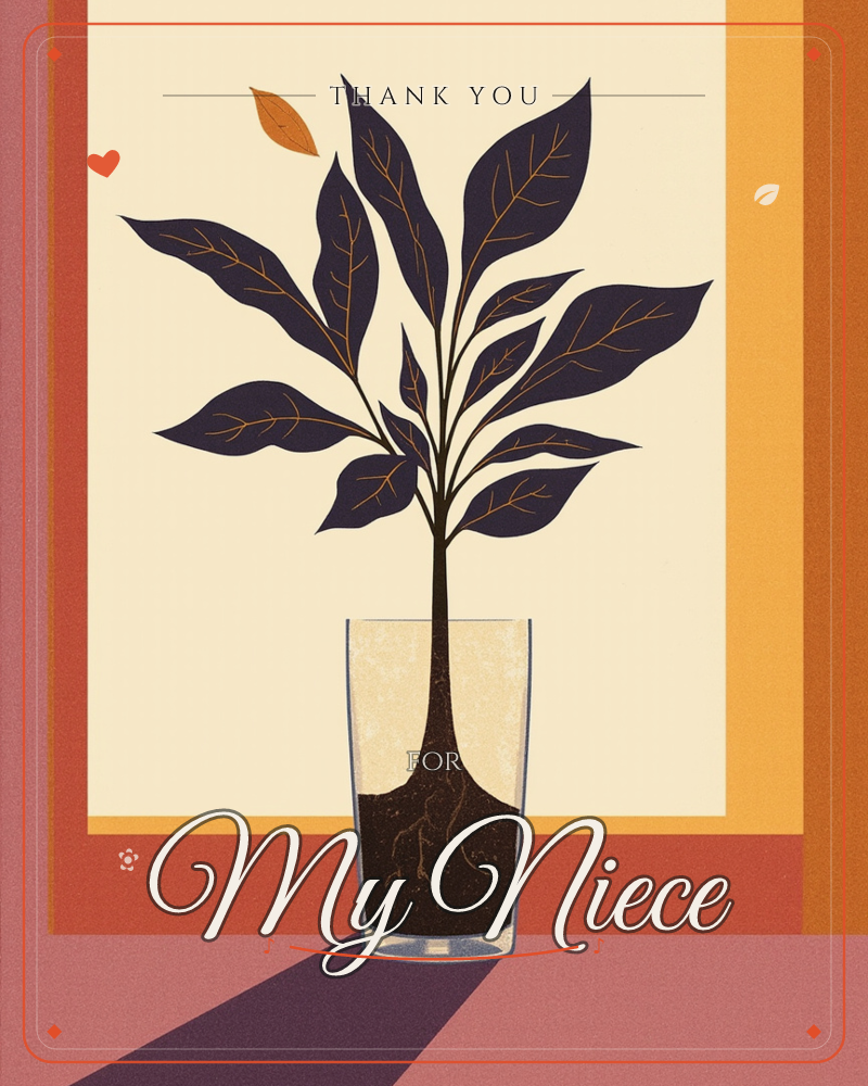 A single leafy stem with dark navy leaves and orange veining stands rooted in a clear glass of water, its long shadow stretching across a warm…, a thankyou e-card design