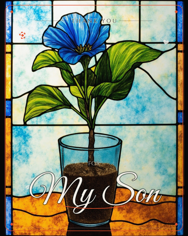 A single blue flower with broad green leaves grows from a glass of dark soil, rendered in the leaded lines and glowing panels of a stained-glass window, a thankyou e-card design