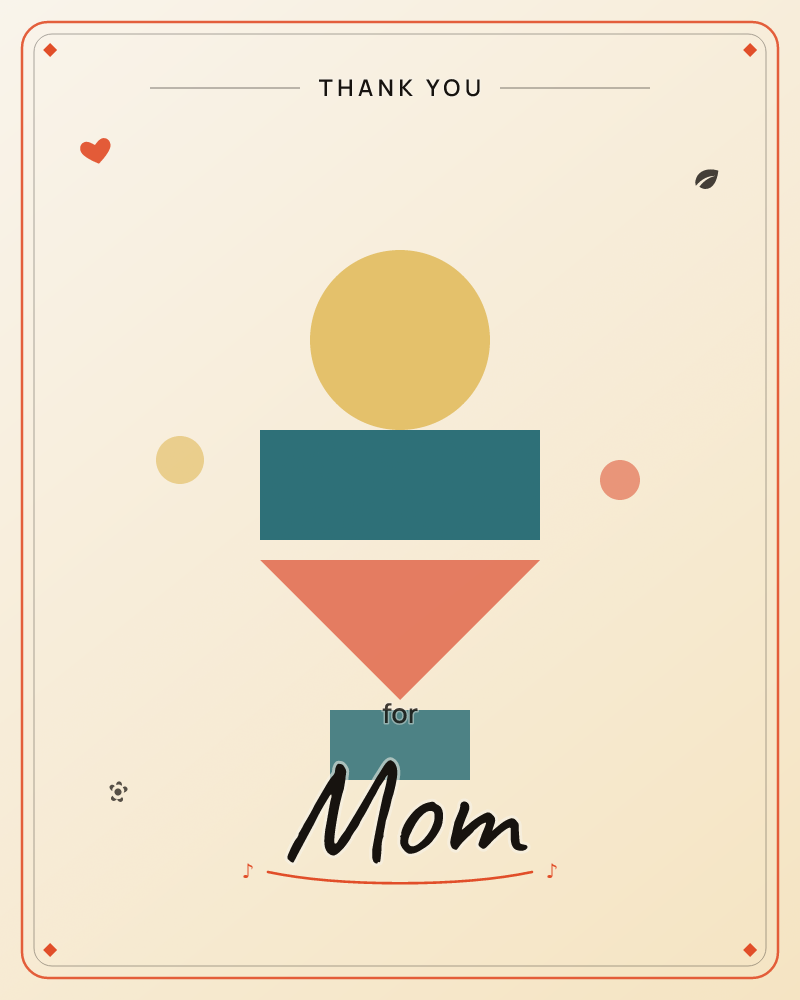 A simple abstract figure floats on a warm cream background: a mustard-yellow circle sits atop a teal rectangle, above a coral triangle pointing…, a thankyou e-card design by @DittyCityTeam