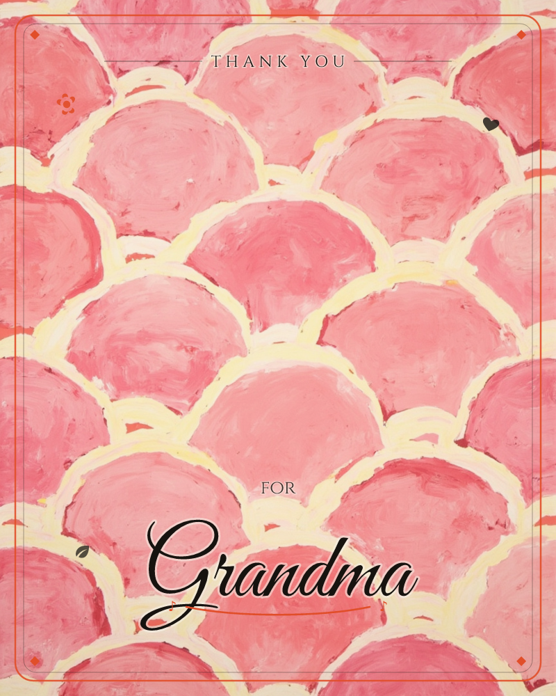 Rows of overlapping scalloped domes fill the page in shades of pink and coral, each shape outlined in a soft buttery yellow, a thankyou e-card design