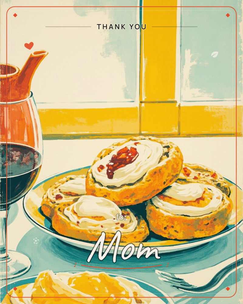 A plate piled with golden, split scones topped with thick cream and a spoonful of red jam sits on a café table, next to a glass of red wine and a…, a thankyou e-card design