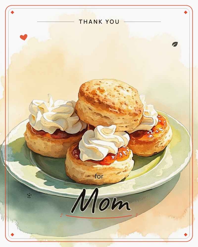 A plate of golden scones is piled with jam and swirls of clotted cream, painted in soft watercolour washes against a warm peachy background, a thankyou e-card design