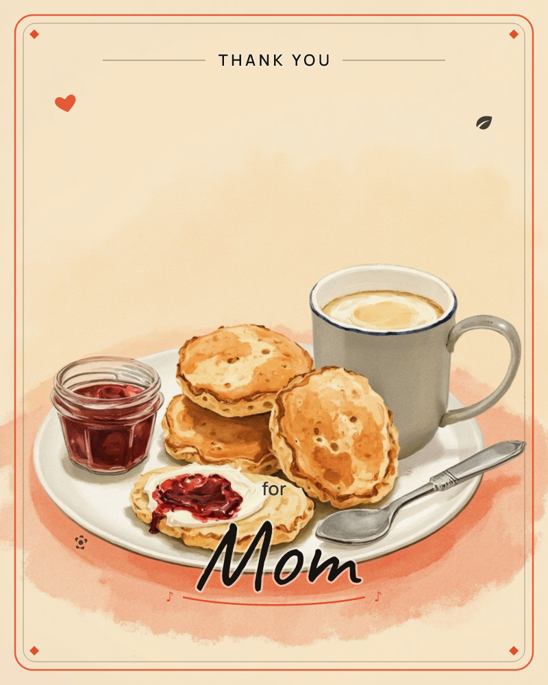 A white plate holds a stack of small golden pancakes alongside a jar of dark red jam, with one pancake already topped with cream and jam, a thankyou e-card design