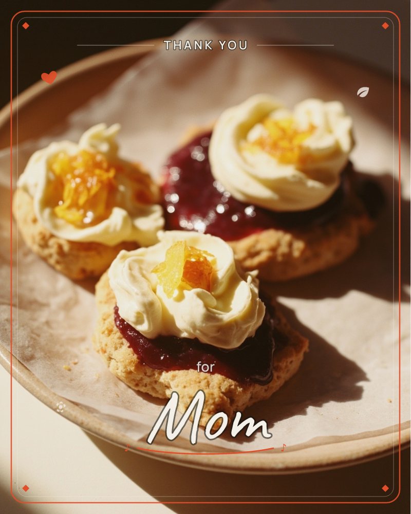 A close-up photograph of three scones on a stoneware plate lined with baking paper, each topped with a swirl of clotted cream, a dark jam, and a…, a thankyou e-card design