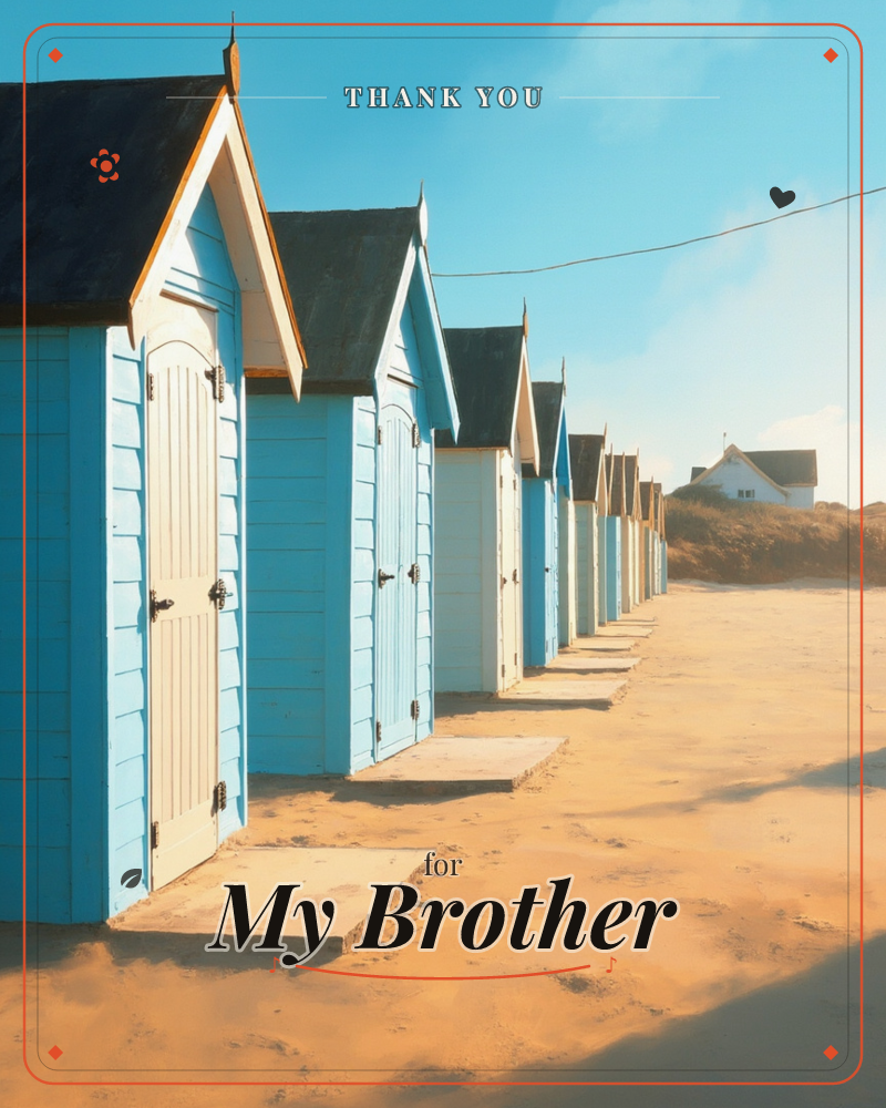 A row of pale blue beach huts with dark pitched roofs and white doors lines a sandy shore, each with its own concrete step, a thankyou e-card design