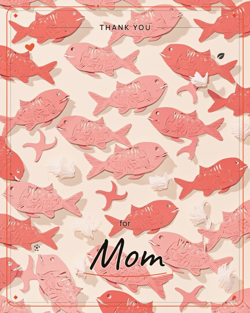 A tightly packed shoal of paper-cut fish in coral and blush pink covers the page, their scales carved with fine ridged lines and set against a soft…, a thankyou e-card design