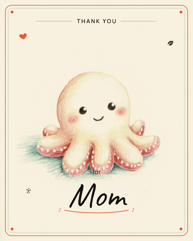 A small round-headed octopus sits front and centre against a plain cream background, its rosy-tipped tentacles fanned out beneath it like a soft cushion, a thankyou e-card design