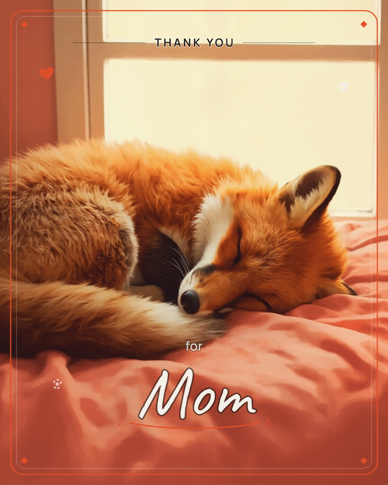 A red fox lies curled into a tight ball on a rumpled coral-pink blanket, nose tucked beneath its bushy tail, a thankyou e-card design