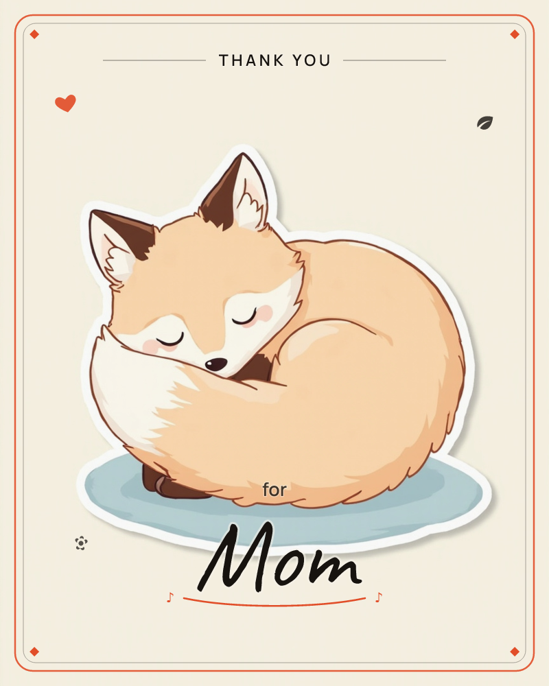 A sticker-style illustration of a fox curled into a tight, sleeping ball, its bushy tail wrapped around to cover its nose, a thankyou e-card design