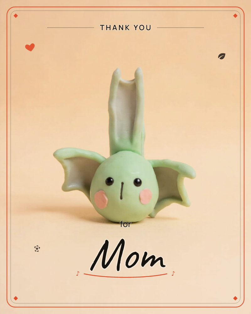 A tiny clay bat with tall pointed ears and outstretched wings sits centre stage against a warm peach backdrop, a thankyou e-card design