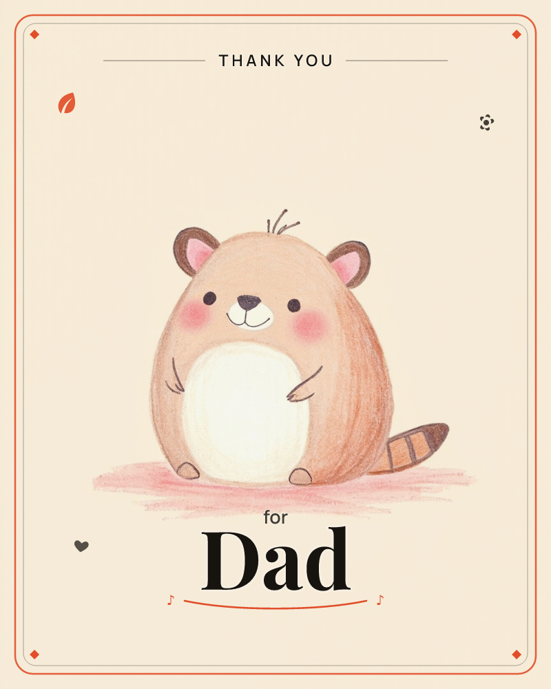 A round, plump beaver character sits front and centre on a soft cream background, its cream-coloured belly and tiny paws front and centre, a thankyou e-card design