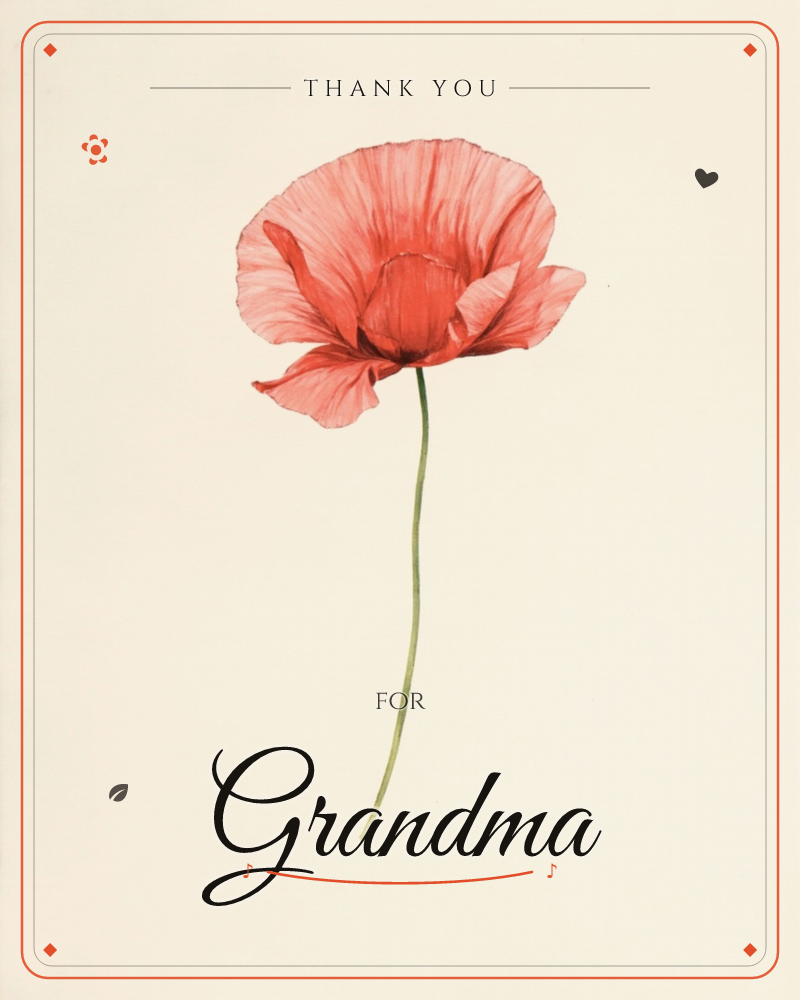A single red poppy stands alone against a warm cream background, its papery petals unfurled and slightly ruffled at the edges, a thankyou e-card design