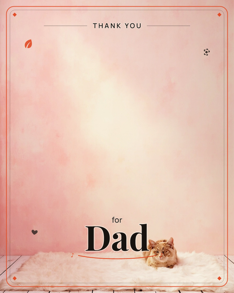 A ginger cat sits tucked into a fluffy cream sheepskin rug, dwarfed by a soft, cloudy pink backdrop that fades into a pale glow overhead, a thankyou e-card design