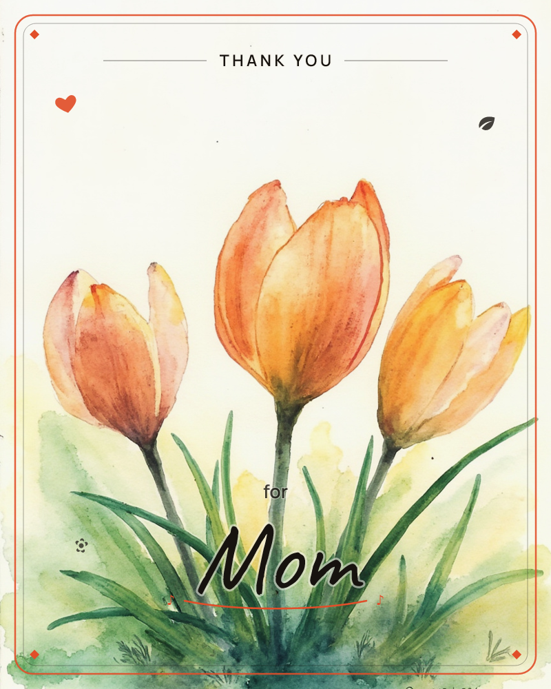 Three tulips in shades of orange and yellow rise on slender green stems against a soft cream background, a thankyou e-card design