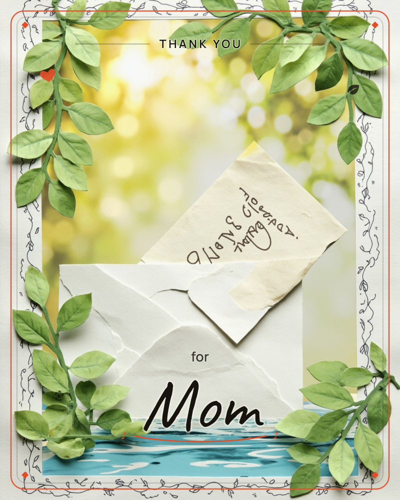 A paper-craft envelope with a handwritten note peeking out sits against a golden, sunlit bokeh background, framed by trailing green leaves and a thin…, a thankyou e-card design