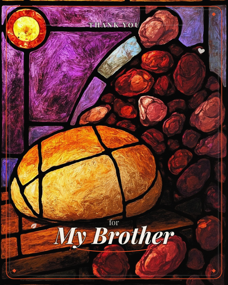 A stained-glass style illustration shows a golden loaf of bread resting on a wooden shelf, framed by a cascade of deep red and rose-colored roses…, a thankyou e-card design