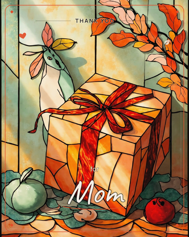 A stained-glass style illustration shows a golden gift box wrapped in a bold red ribbon and bow, sitting among autumn leaves, a thankyou e-card design