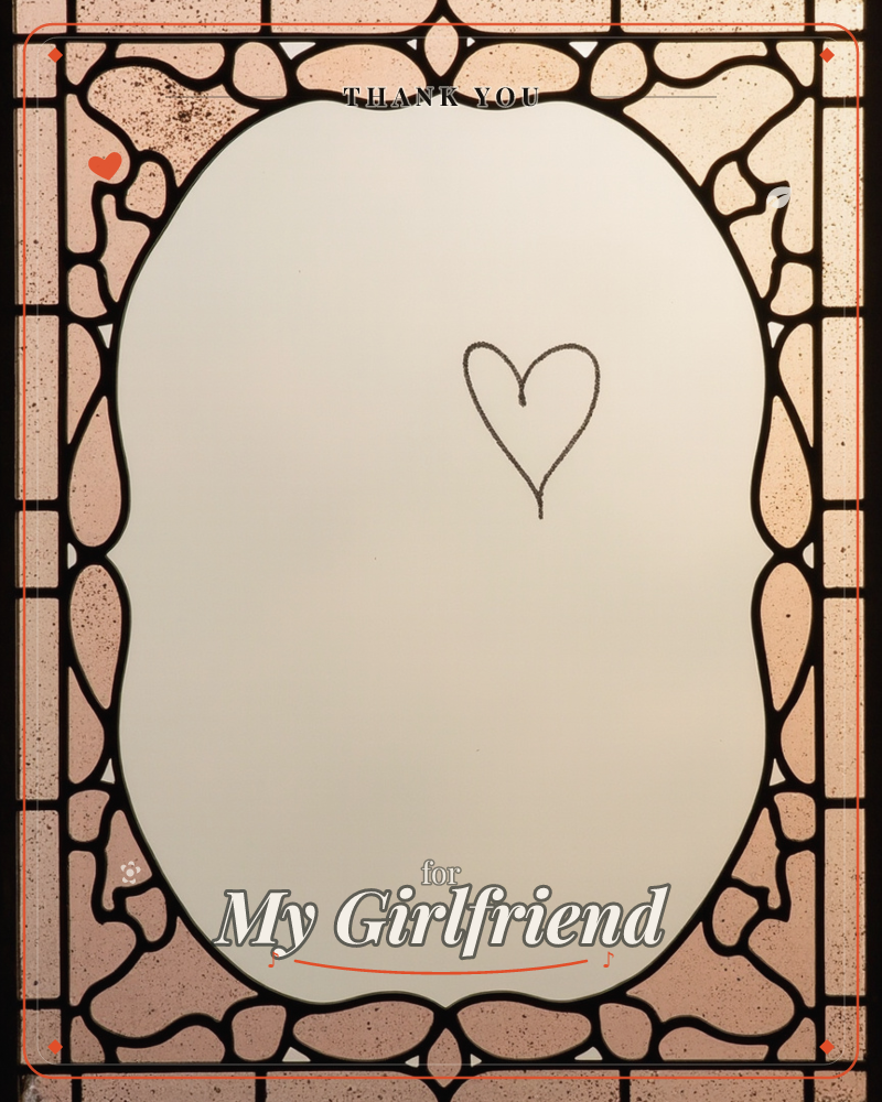 A stained-glass style border in warm blush and terracotta pieces frames a pale, misty oval panel, as if seen through an old window, a thankyou e-card design