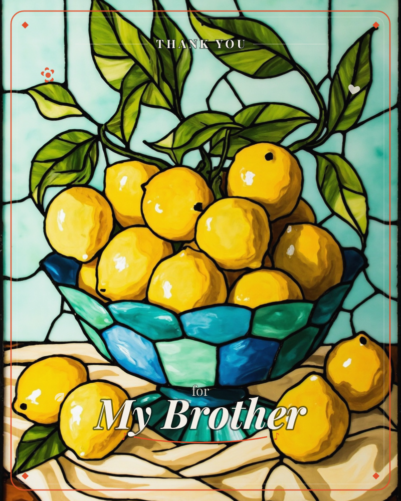A stained-glass style still life shows a mosaic bowl of blue and teal glass piled high with glossy yellow lemons, their leafy stems trailing upward…, a thankyou e-card design