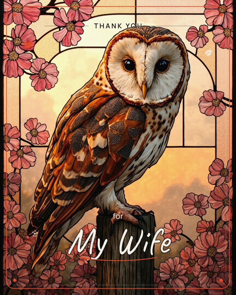 A barn owl perches on a weathered wooden post, its heart-shaped face and speckled feathers rendered in rich detail against a stained-glass-style arched…, a thankyou e-card design