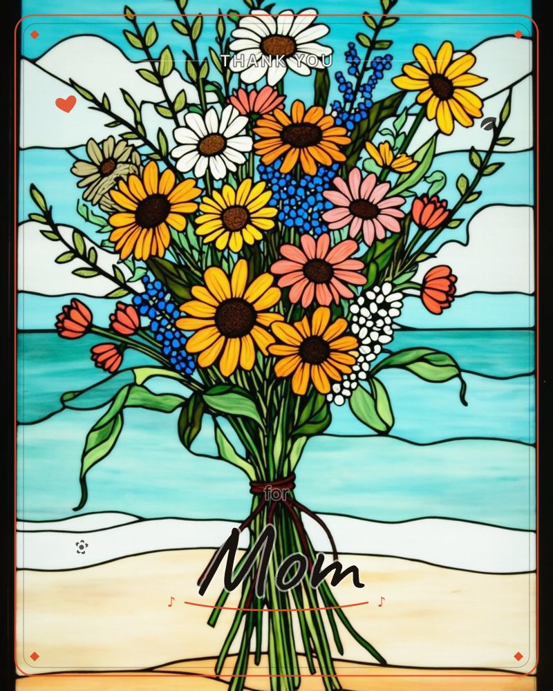 A stained-glass style illustration shows a hand-tied bouquet of daisies, sunflowers, and pink blooms bundled with a dark ribbon, set against a beach…, a thankyou e-card design
