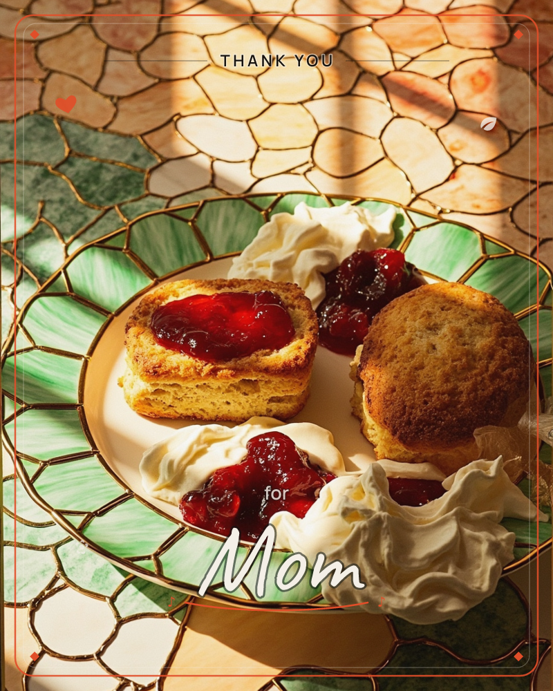 A photographic close-up shows scones piled with clotted cream and glossy red jam, set on a green marbled plate with a gold crackled-glass rim, a thankyou e-card design