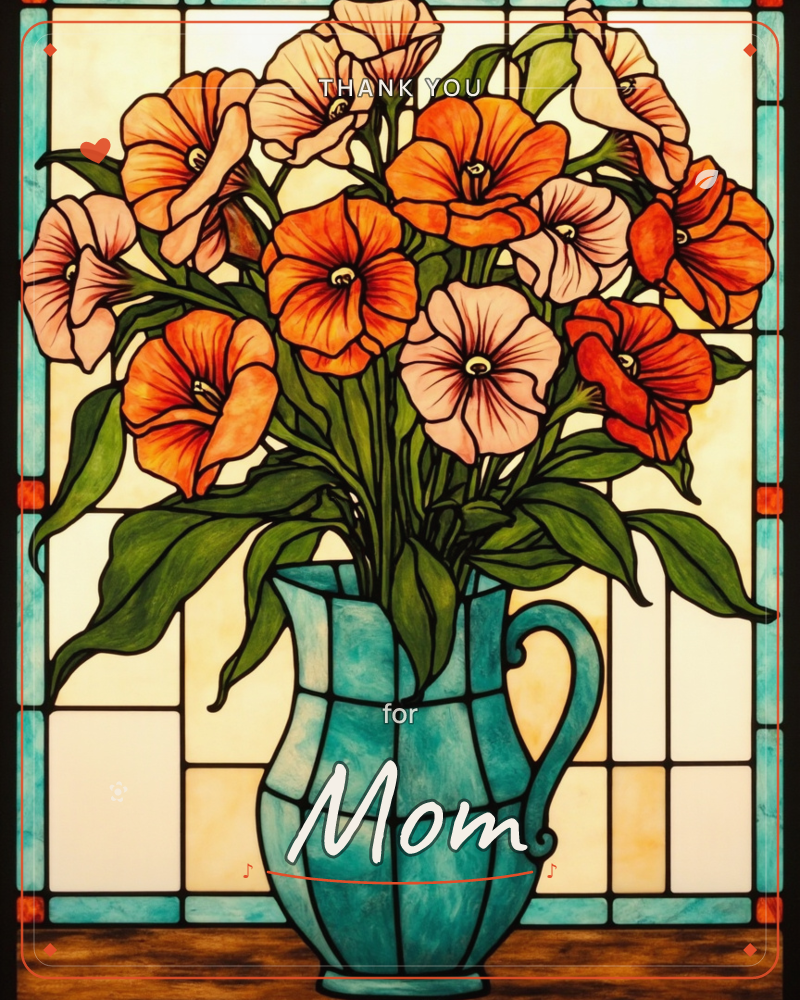 A stained-glass style illustration shows a teal pitcher overflowing with poppy-like blooms in coral, orange and blush pink, set against a leaded window…, a thankyou e-card design