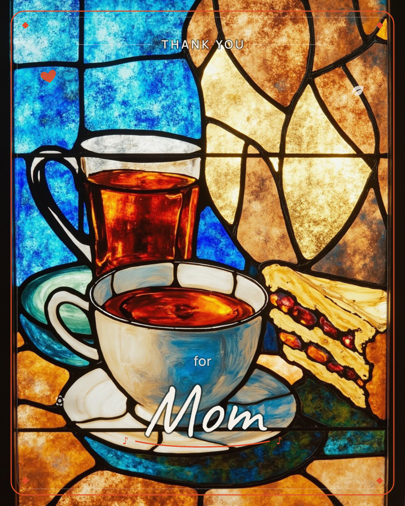 A stained-glass style illustration shows a glass mug and a white teacup, both filled with dark amber tea, resting on a saucer beside a triangular slice…, a thankyou e-card design