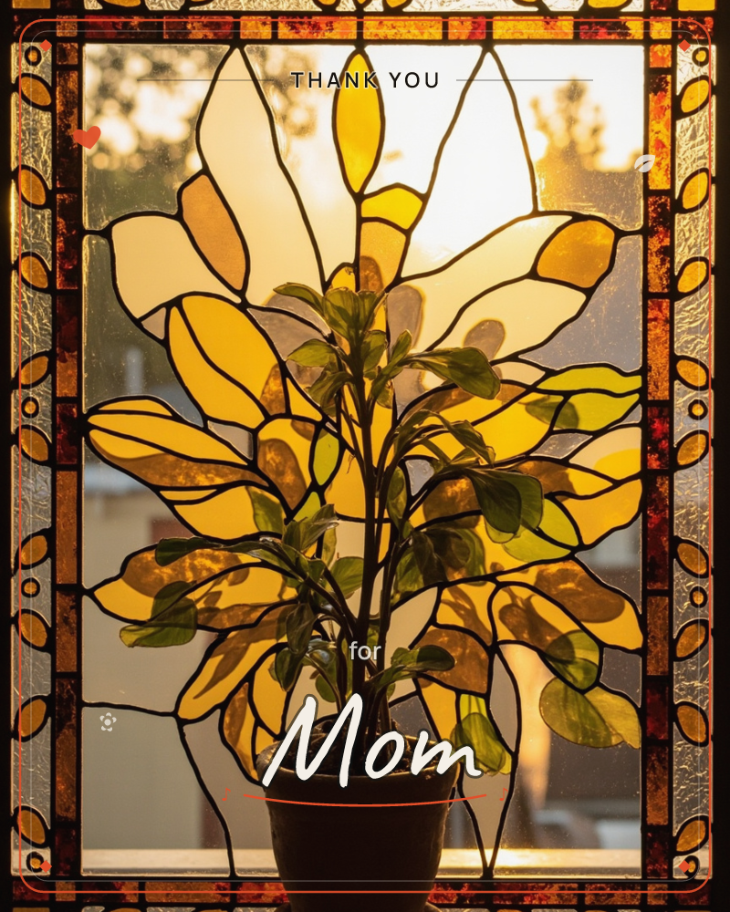 A potted plant sits on a windowsill in front of a stained-glass panel shaped like a giant leafy tree, its amber and gold panes glowing as sunset light…, a thankyou e-card design