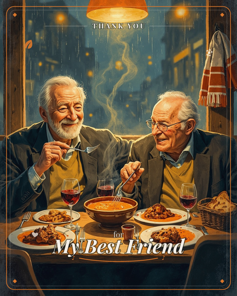 Two old friends share wine and steaming stew by a rain-streaked window, city lights glowing gold against the night, a thankyou e-card design