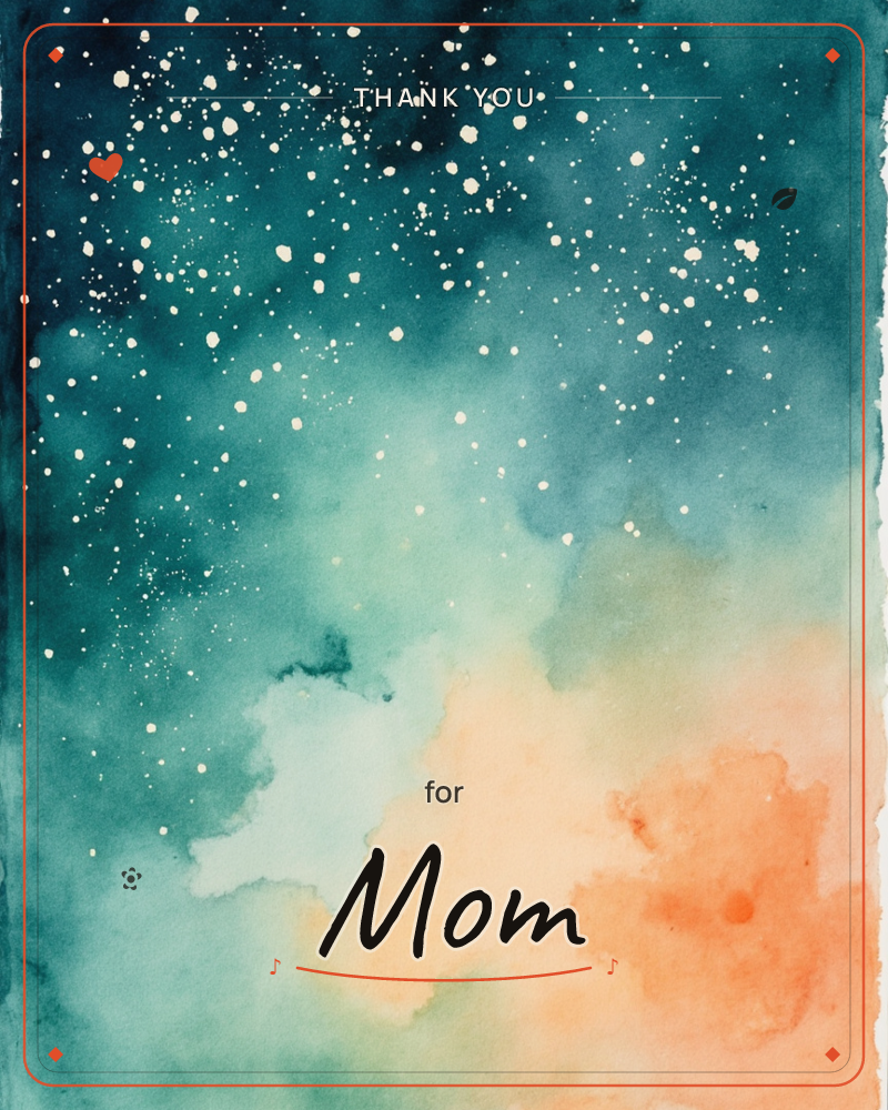 A wash of watercolour moves from deep teal at the top, scattered with speckles of white and gold like stars, down into soft peach and burnt orange near…, a thankyou e-card design