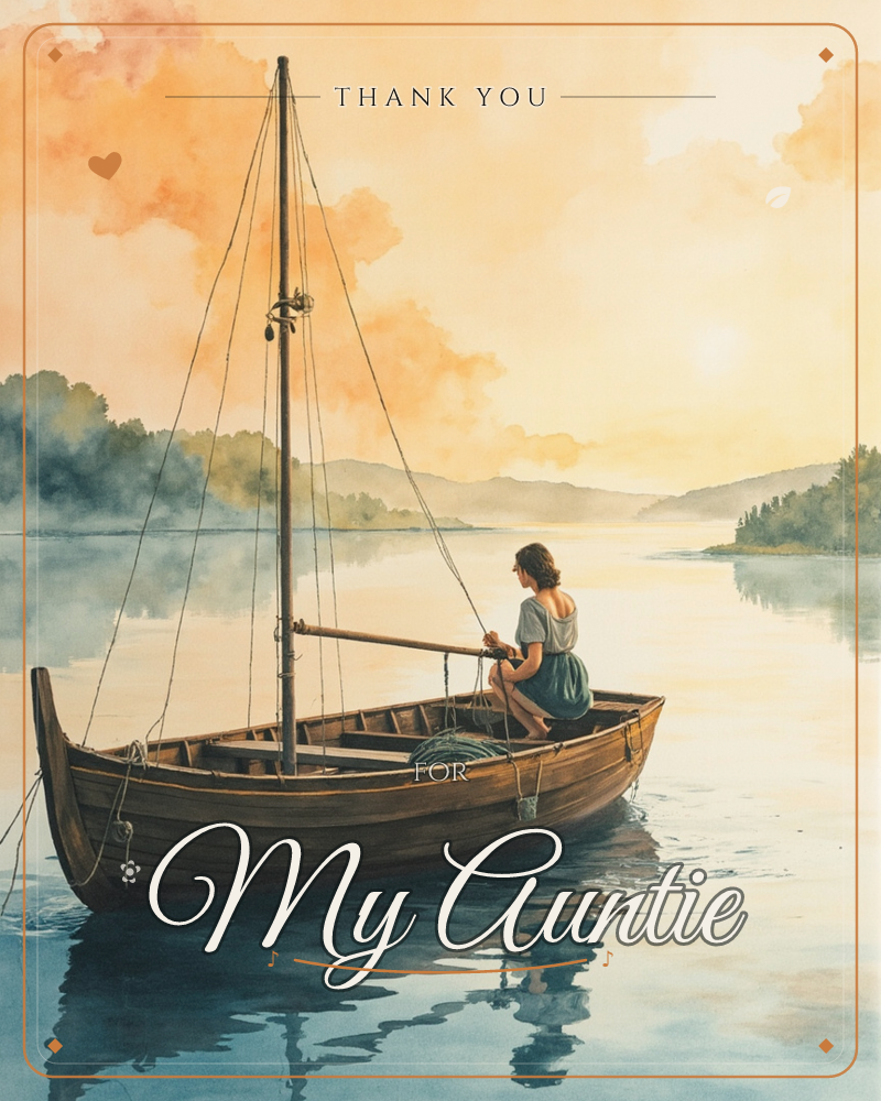 A watercolour painting of a wooden sailboat drifting on still water, its mast bare, sail furled, ropes hanging loose, a thankyou e-card design by @AstroDiva