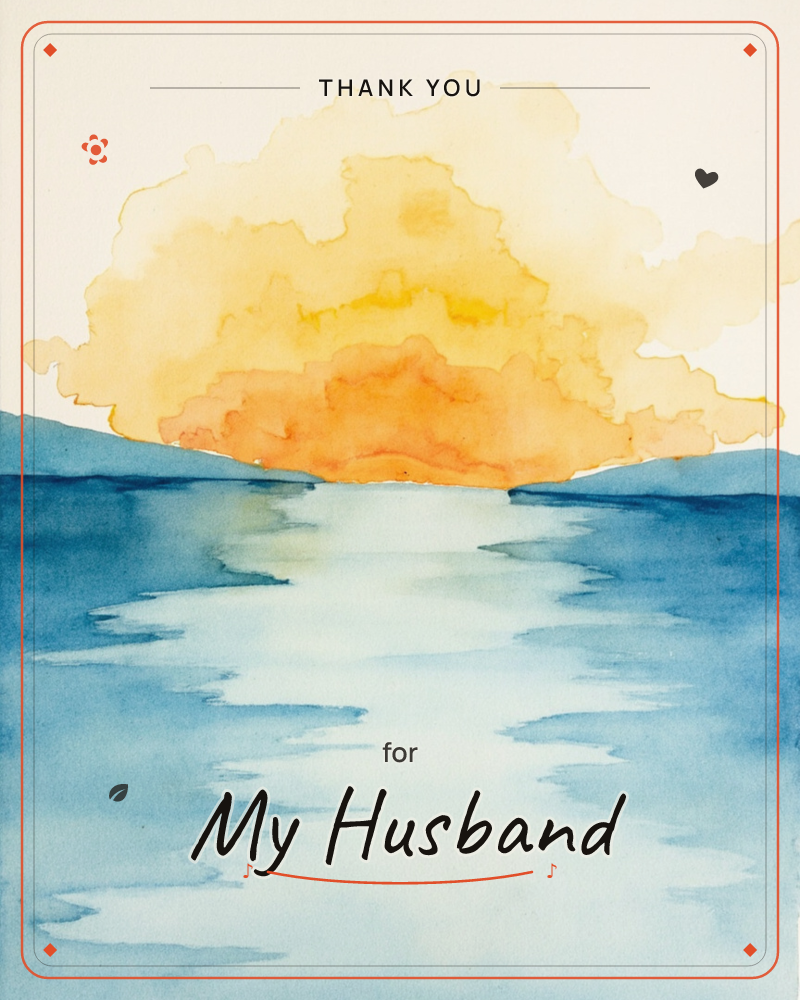 A watercolour sunrise blooms over open water, the sun rendered as a soft cloud-like burst of gold and orange sinking between two dark hillsides, a thankyou e-card design