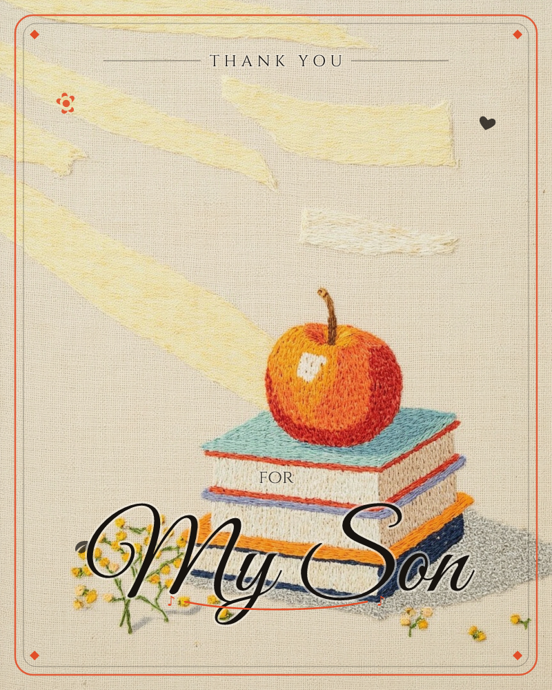 An embroidered card on natural linen shows a red apple stitched on top of a stack of books in teal, tan, orange and navy, with pale golden light rays…, a thankyou e-card design