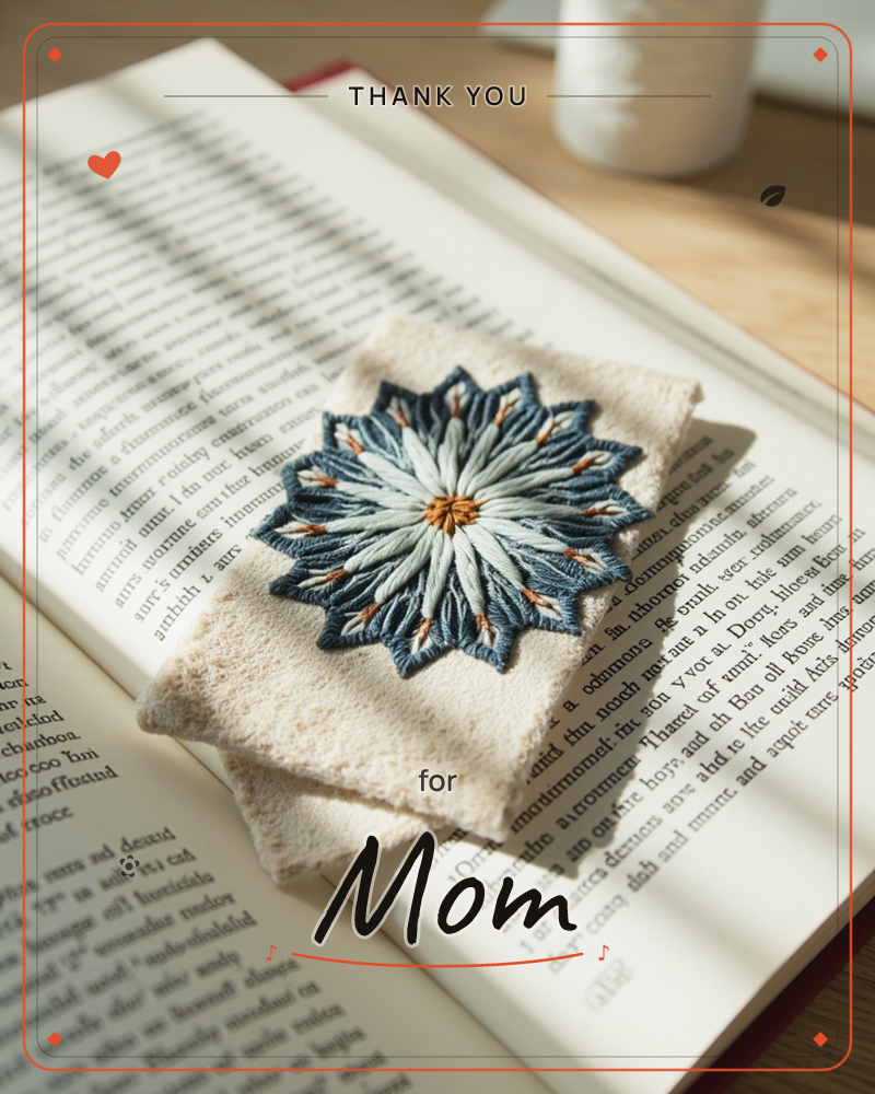 An open book lies on a wooden table, its pages holding a cream fabric bookmark embroidered with a star-shaped mandala in deep navy and pale blue…, a thankyou e-card design