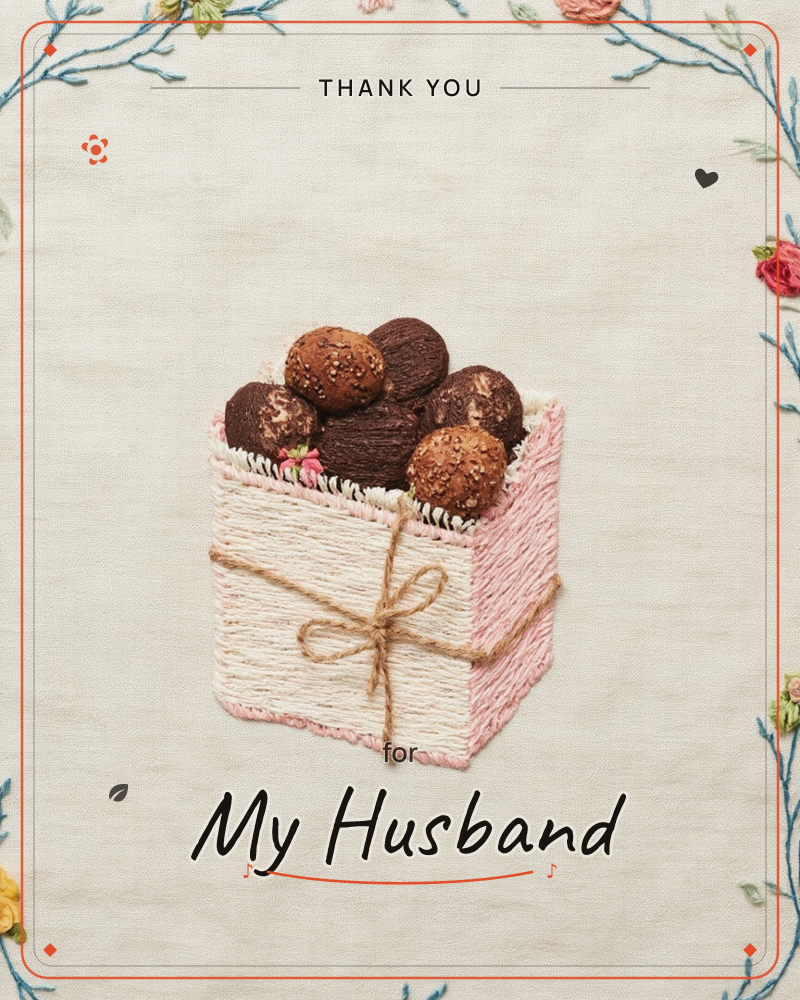 An embroidered box of chocolate truffles sits stitched onto pale linen, its cream and pink threads tied with a twine bow, brimming with round dark and…, a thankyou e-card design