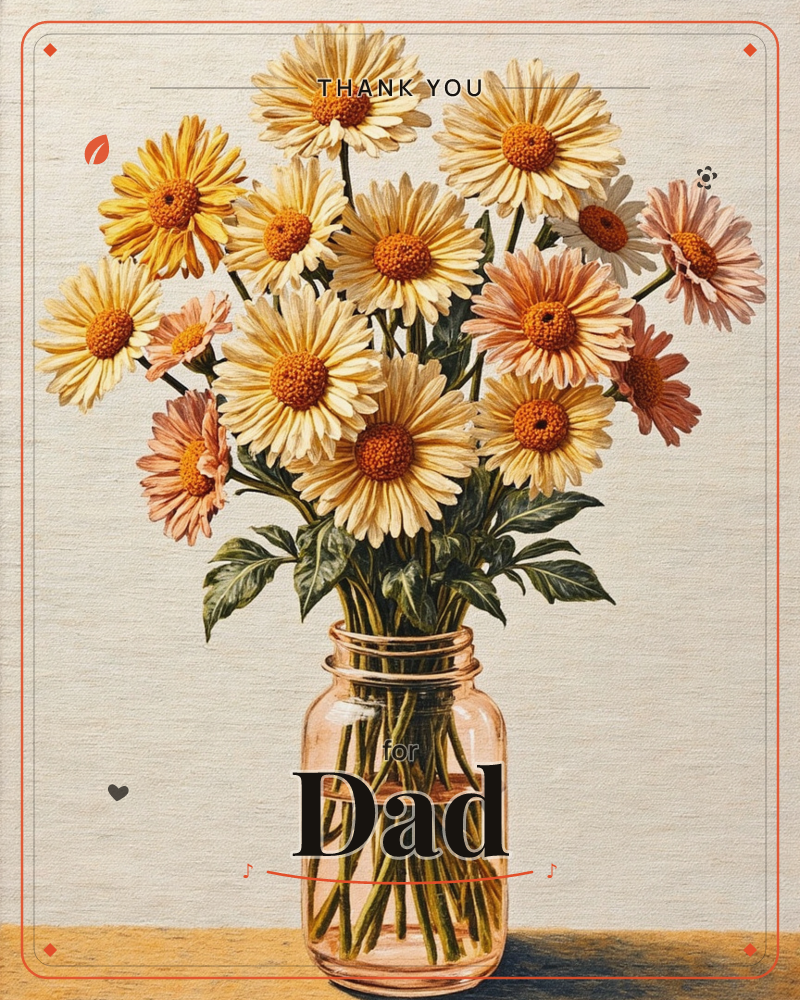 A generous bunch of daisies, mostly buttery yellow with a few blush pink, stands in a pink-tinted glass jar of water on a wooden tabletop, a thankyou e-card design