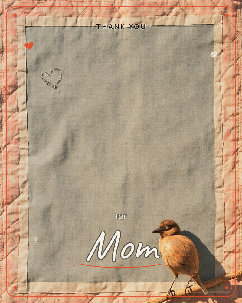 A quilted peach-toned fabric border frames a plain sage-grey linen panel, with a small hand-stitched silver heart sewn in one corner, a thankyou e-card design