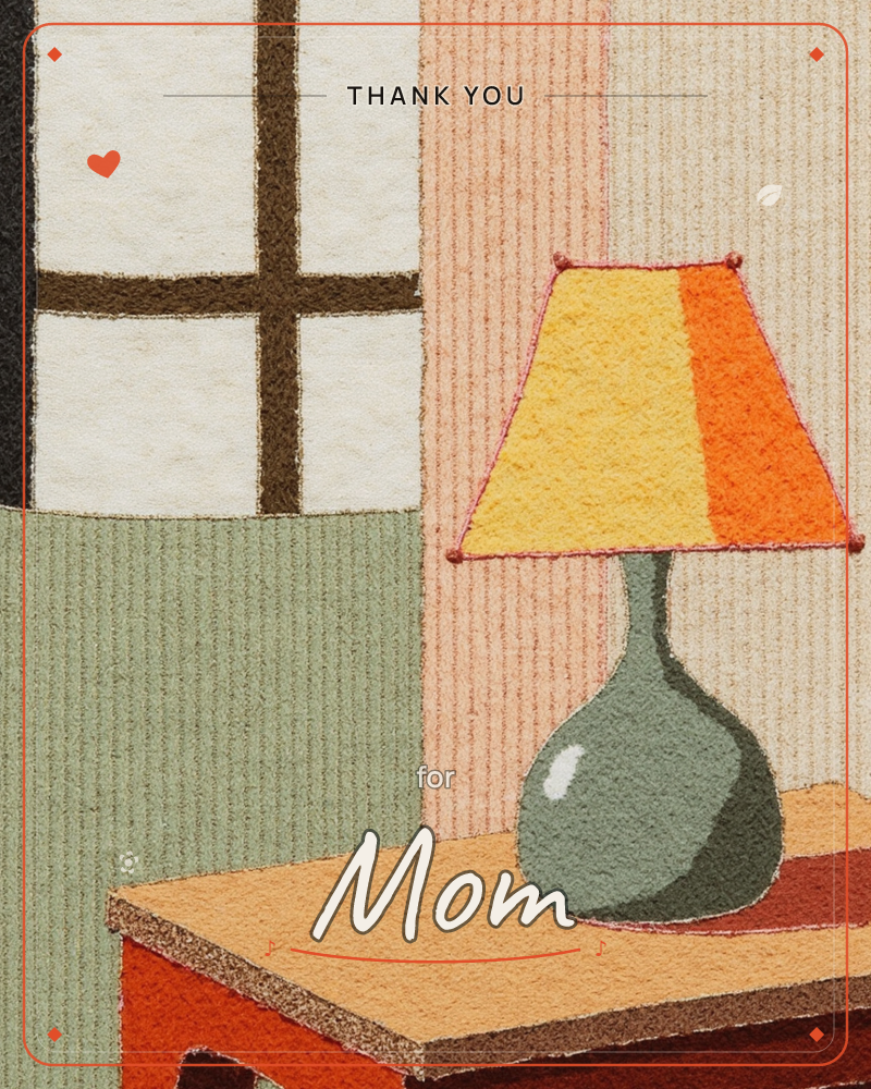 A cosy interior corner shows a table lamp with a yellow and orange shade sitting on a wooden side table, beside a window with dark cross-mullions, a thankyou e-card design