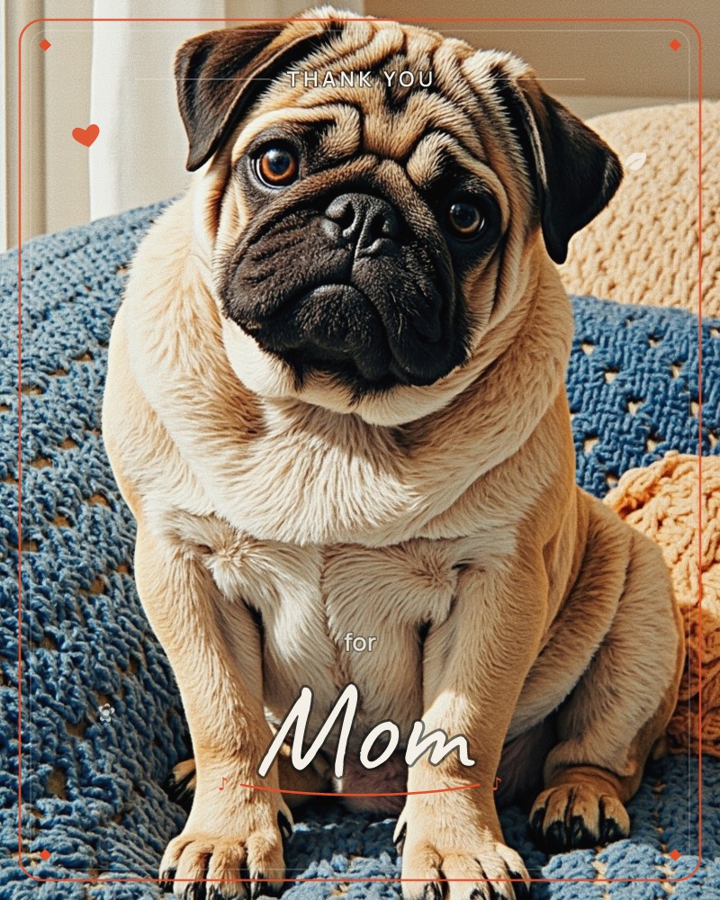 A fawn-coloured pug sits upright on a knitted blue throw, its wrinkled face tilted slightly toward the camera with big dark eyes and a wistful expression, a thankyou e-card design