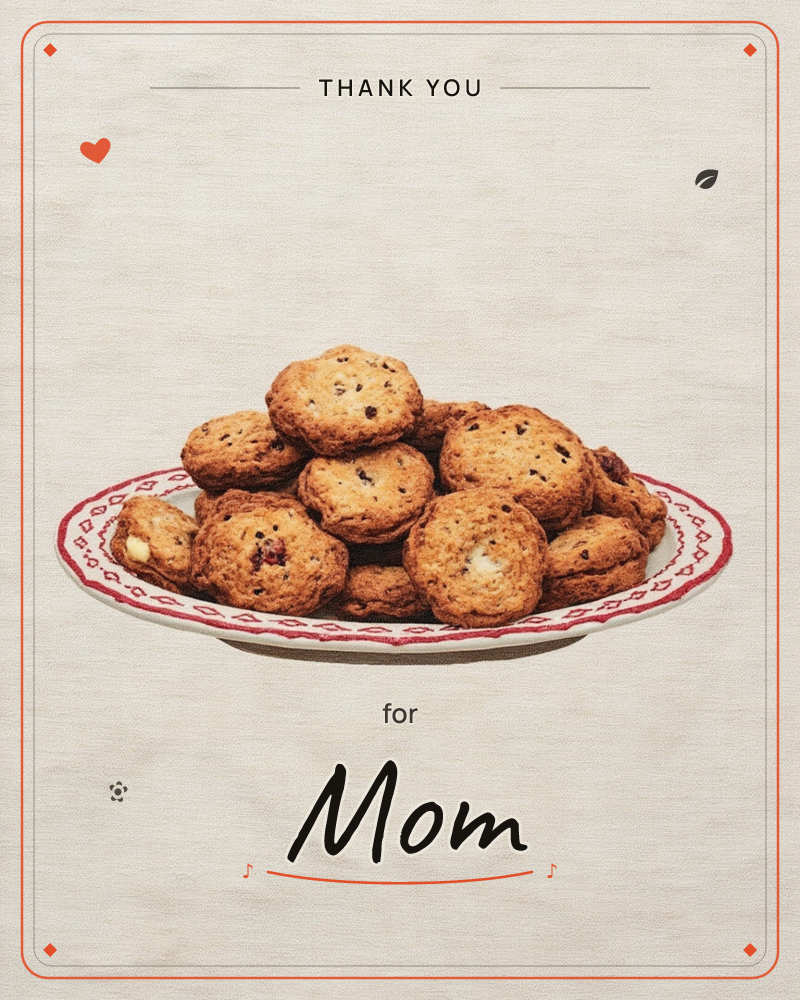 A generous pile of golden-brown chocolate chip cookies sits stacked high on a white plate rimmed with a red patterned border, photographed against a…, a thankyou e-card design