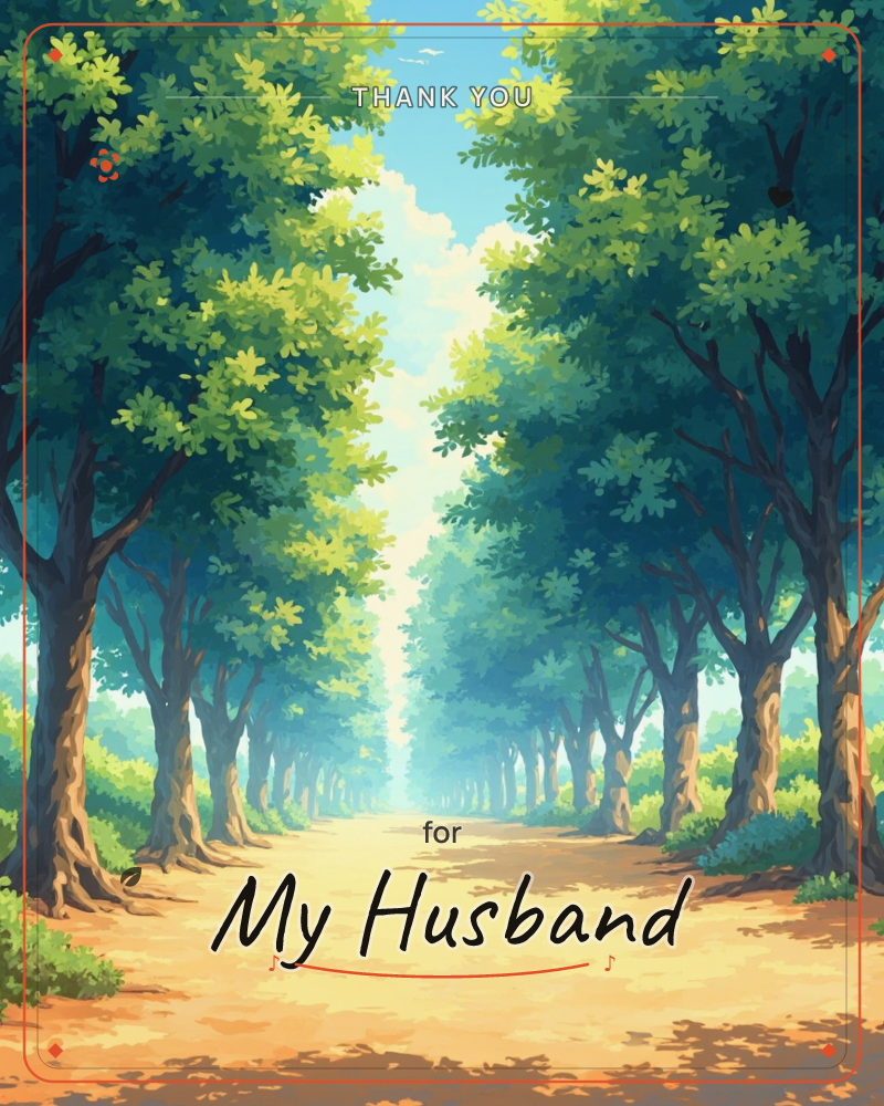 A sunlit dirt path stretches straight ahead through a tunnel of leafy trees, their canopies arching overhead and meeting in a glow of pale light at the…, a thankyou e-card design