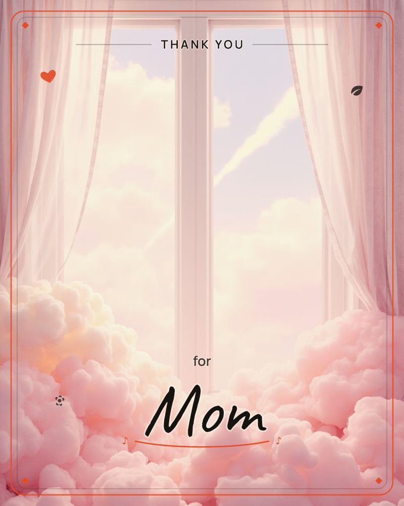 A pair of white-framed windows opens onto a dreamy sky streaked with soft clouds, while sheer pink curtains drift at either side, a thankyou e-card design