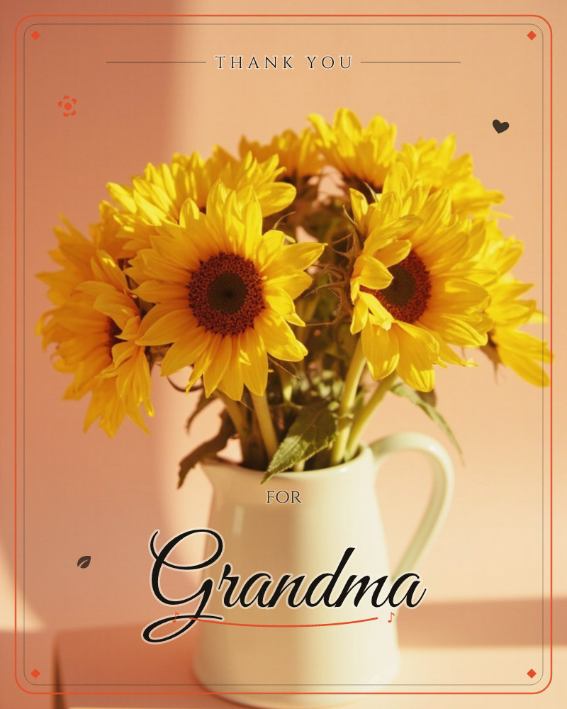 A cluster of sunflowers with dark brown centres sits in a simple white ceramic pitcher, photographed against a soft peach-pink wall in warm, low sunlight, a thankyou e-card design