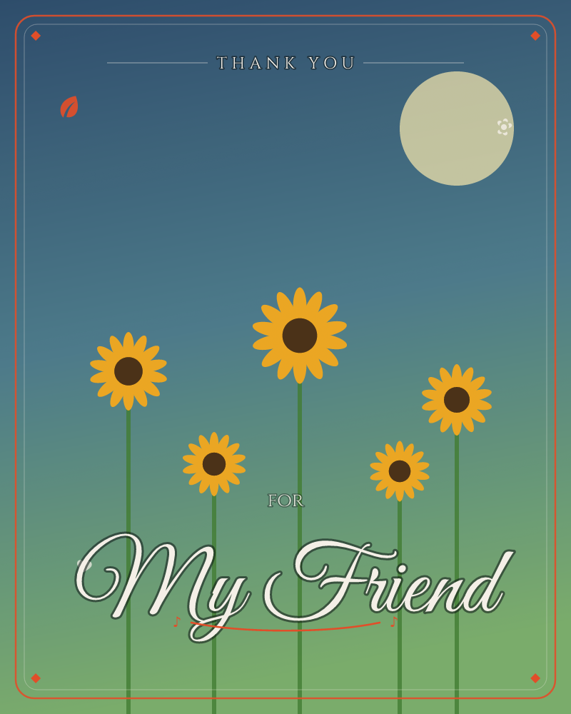 A row of five simple yellow sunflowers stands on tall green stems against a gradient dusk sky, deep teal fading into shadowy green at the ground, a thankyou e-card design by @DittyCityTeam